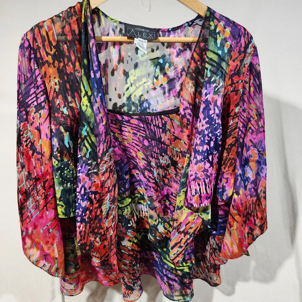 Alex Evenings Womens 1X 2 Piece Set Abstract Multi Color Tiered Top Shrug Jacket